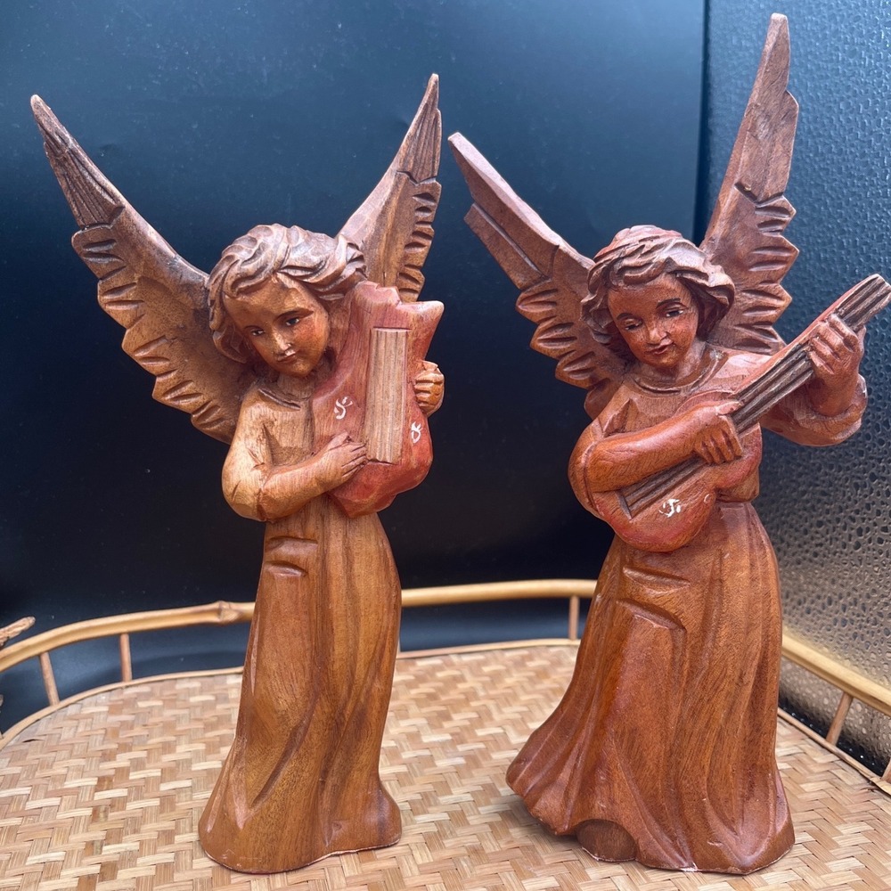 Vtg Wood Hand Carved Christmas Angel Figure figurine nativity 9" Guitar Set of 2